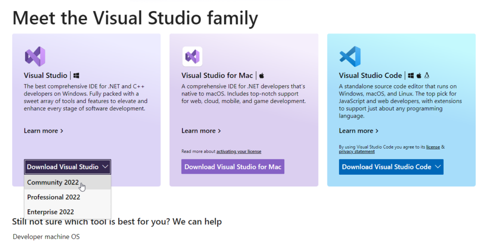 Downloading Visual Studio 2022